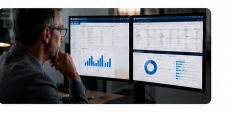 Analyst reviewing GovCon market intelligence dashboards